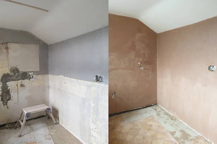 Split image showing a wall with salt-damaged plaster removed on the left and the same wall newly rendered on the right.